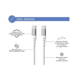 Force Power Câble Renforcé USB C/USB C 3m - 3A Blanc