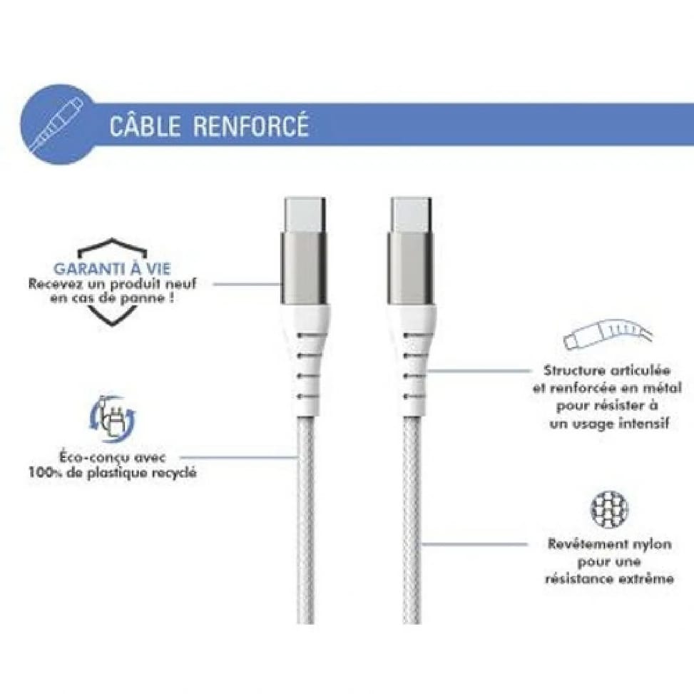Force Power Câble Renforcé USB C/USB C 3m - 3A Blanc — image 2