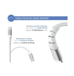 Force Power Câble Renforcé USB C/USB C 3m - 3A Blanc