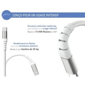 Force Power Câble Renforcé USB C/USB C 3m - 3A Blanc — image 3