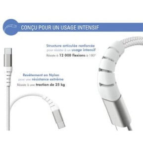Force Power Câble Renforcé USB C/USB C 3m - 3A Blanc