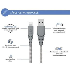 Force Power Câble Ultra-renforcé USB A/Lightning 1,2m - 2.4A Gris — image 2