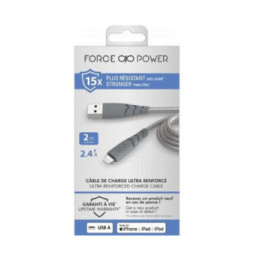 Force Power Câble Ultra-renforcé USB A/Lightning 2.4A Résistant à 50 000 flexions à 180° 2m Gris