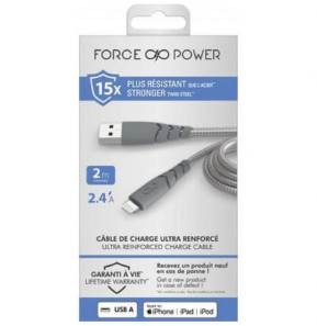Force Power Câble Ultra-renforcé USB A/Lightning 2.4A Résistant à 50 000 flexions à 180° 2m Gris