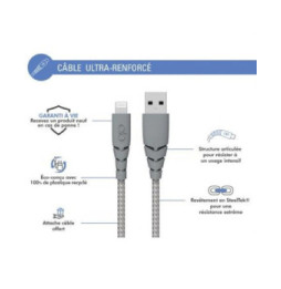 Force Power Câble Ultra-renforcé USB A/Lightning 3m - 2.4A Gris