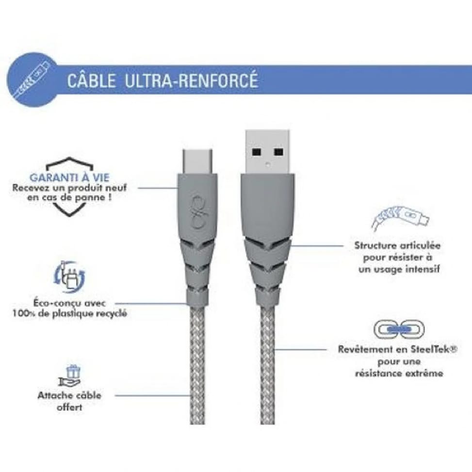 Force Power Câble Ultra-renforcé USB A/USB C 3m - 3A Gris — image 2