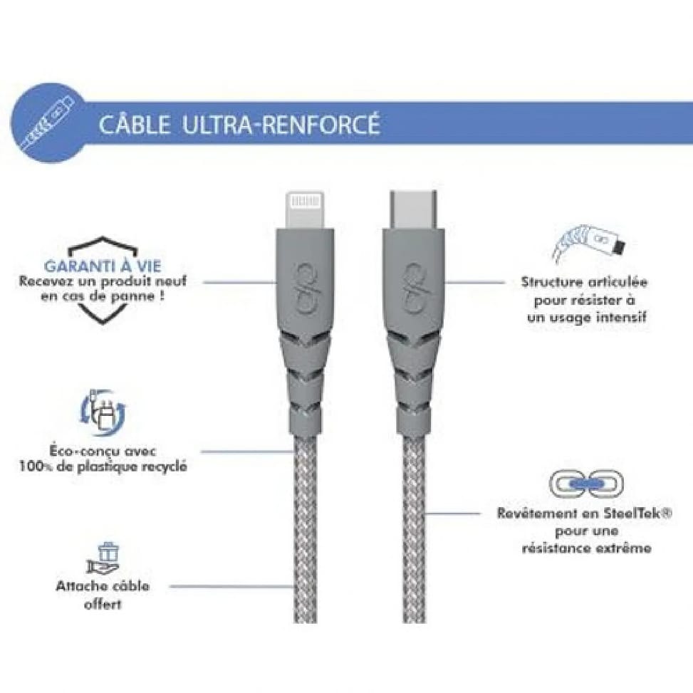 Force Power Câble Ultra-renforcé USB C/Lightning 1,2m 3A Gris — image 2
