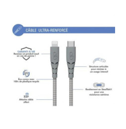 Force Power Câble Ultra-renforcé USB C/Lightning 3m - 3A Gris