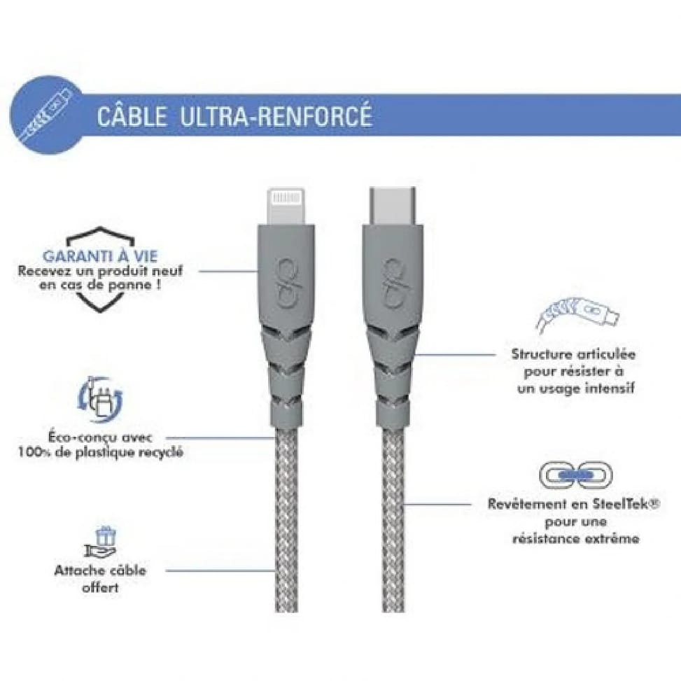 Force Power Câble Ultra-renforcé USB C/Lightning 3m - 3A Gris — image 2