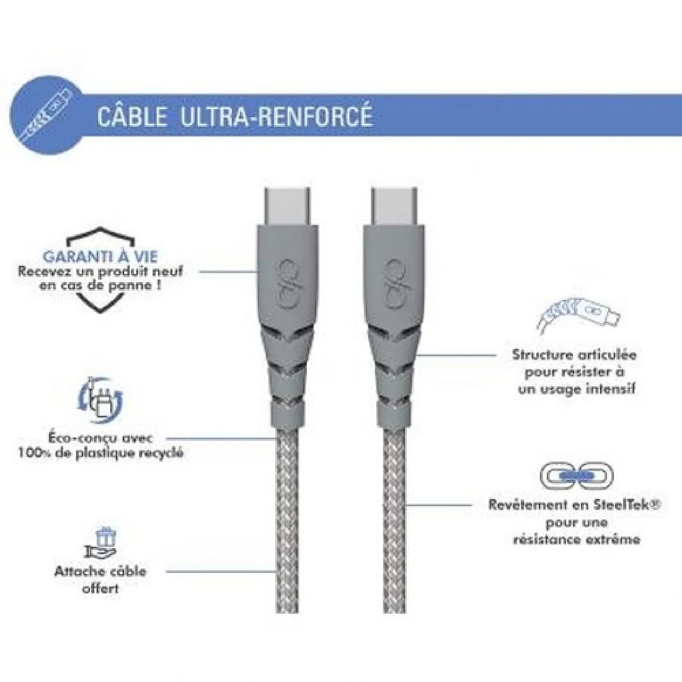 Force Power Câble Ultra-renforcé USB C/USB C 3m - 3A Gris — image 2