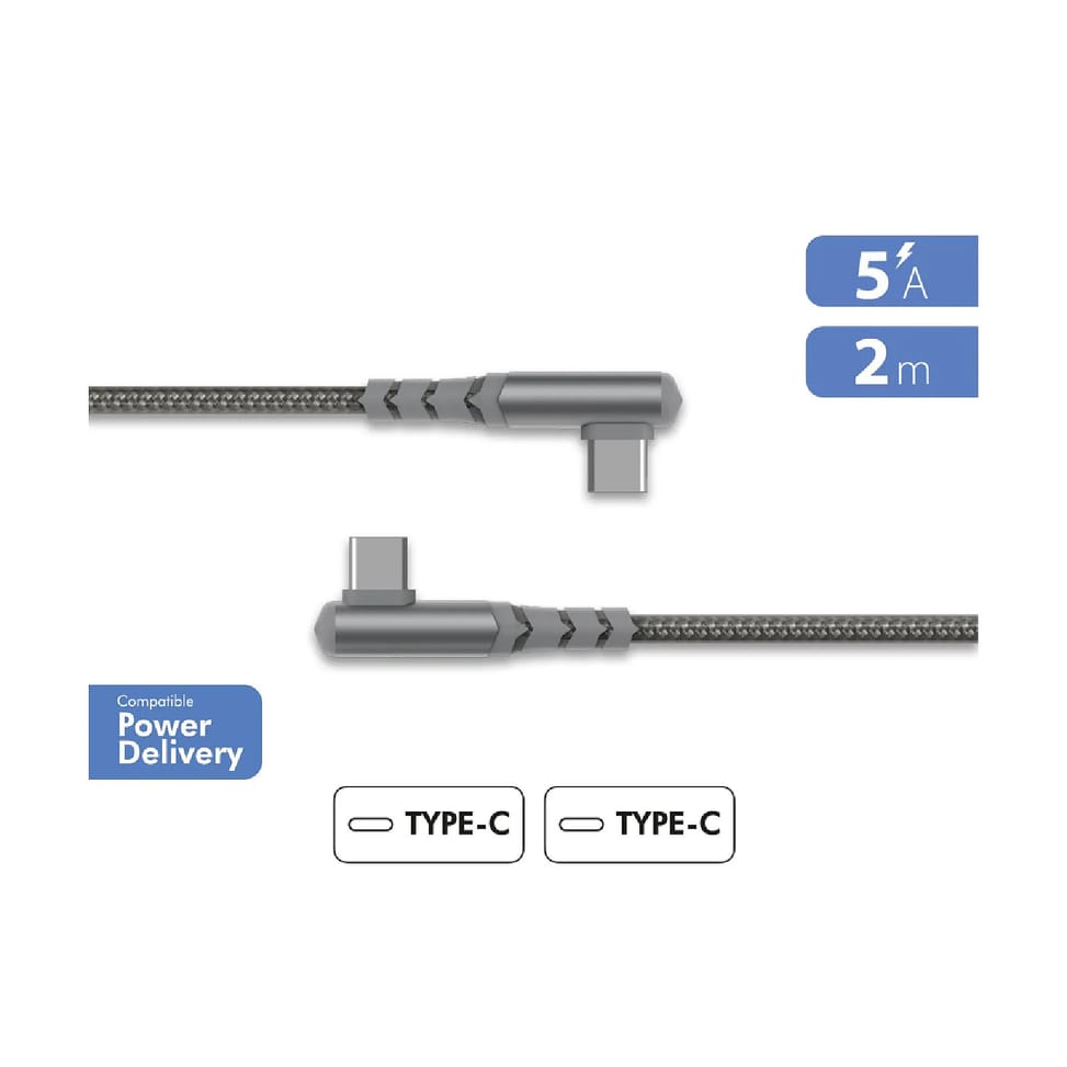 Force Power Câble USB-C vers USB-C 60W 3A Coudé Ultra-Renforcé Charge et Synchronisation 2m Gris — image 2