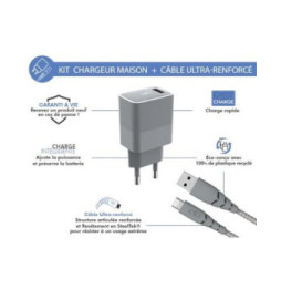 Force Power Chargeur maison 2.4A FastCharge + Câble Ultra-renforcé USB A/Lightning Gris