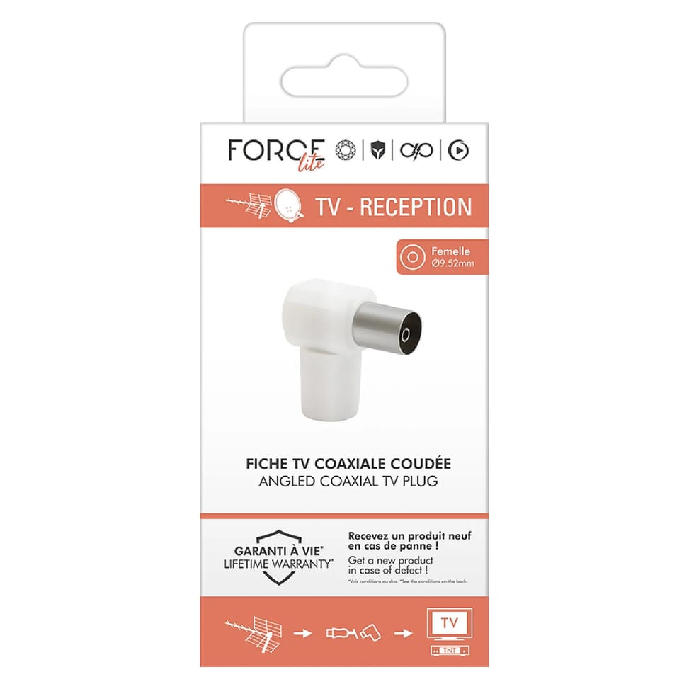 Force Power Fiche TV Coaxial 9.52mm Coudée Femelle Antiparasitage Blanc — image 3