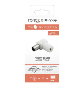 Force Power Fiche TV Coaxial 9.52mm Coudée Mâle Antiparasitage Blanc