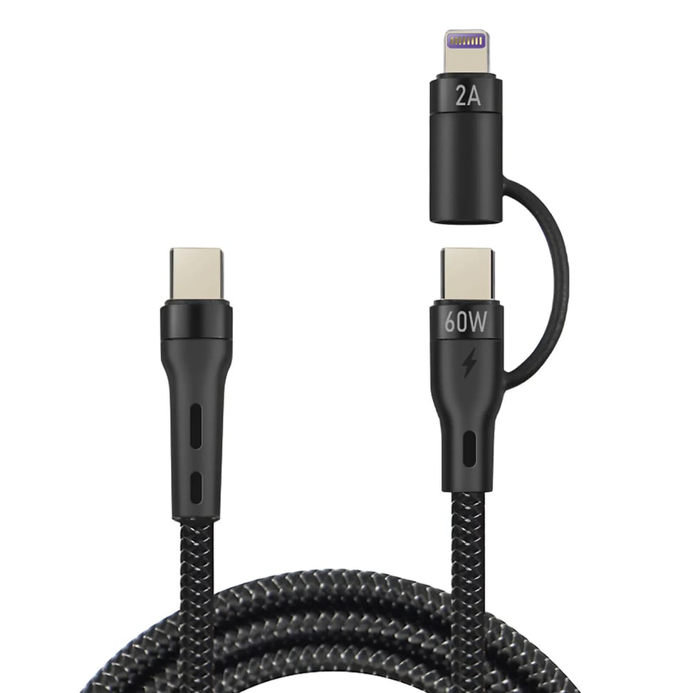 Forever Câble USB-C 60W vers USB-C et iPhone Lightning Nylon Tressé 1m Noir — image 2