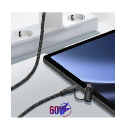 Forever Câble USB-C 60W vers USB-C et iPhone Lightning Nylon Tressé 1m Noir