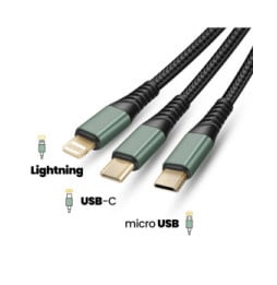 Inkax Câble USB 3 en 1 vers USB-C / Micro-USB / Lightning Tressé 1.2m Noir