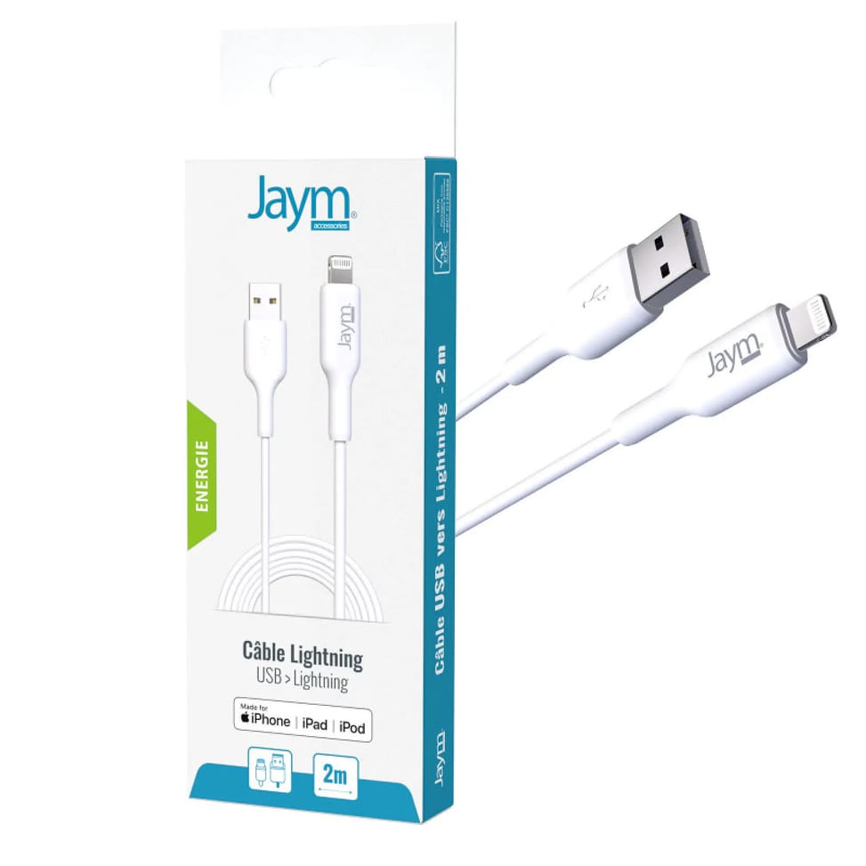 Jaym Câble de Charge et Synchronisation de donnée USB vers Lightning MFI 2,4A 2M Blanc — image 4