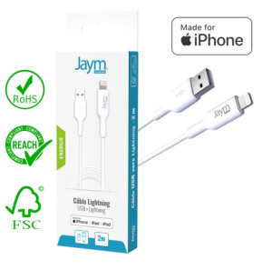 Jaym Câble de Charge et Synchronisation de donnée USB vers Lightning MFI 2,4A 2M Blanc