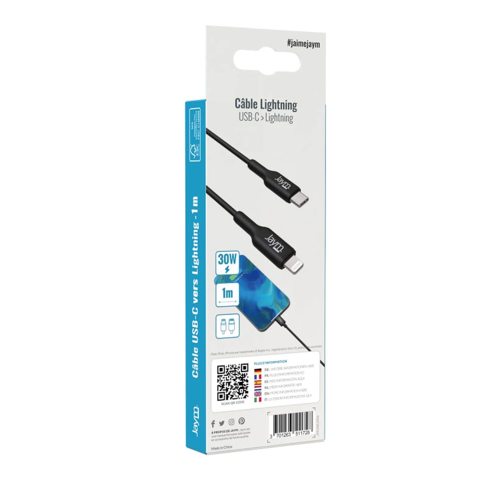 Jaym Câble de Charge et Synchronisation de donnée USB-C / Lightning MFI PD 3.0 3A 1M Noir — image 5
