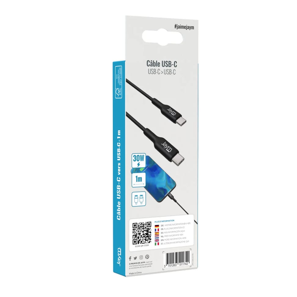 Jaym Câble de Charge et Synchronisation de donnée USB-C Vers USB-C PD 3.0 3A 1M Noir — image 5