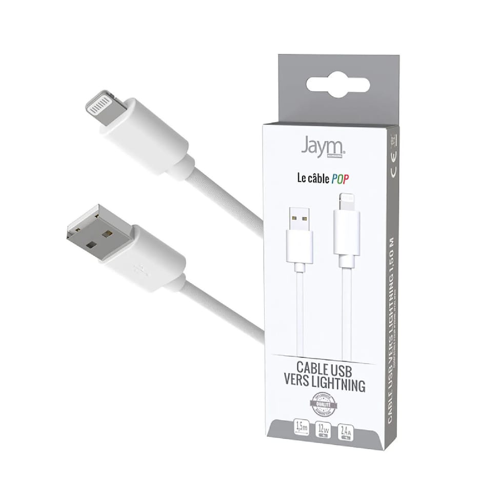 Jaym Câble Lightning vers USB-A 2,4A Charge et Synchronisation Collection POP 1,5m Blanc — image 3