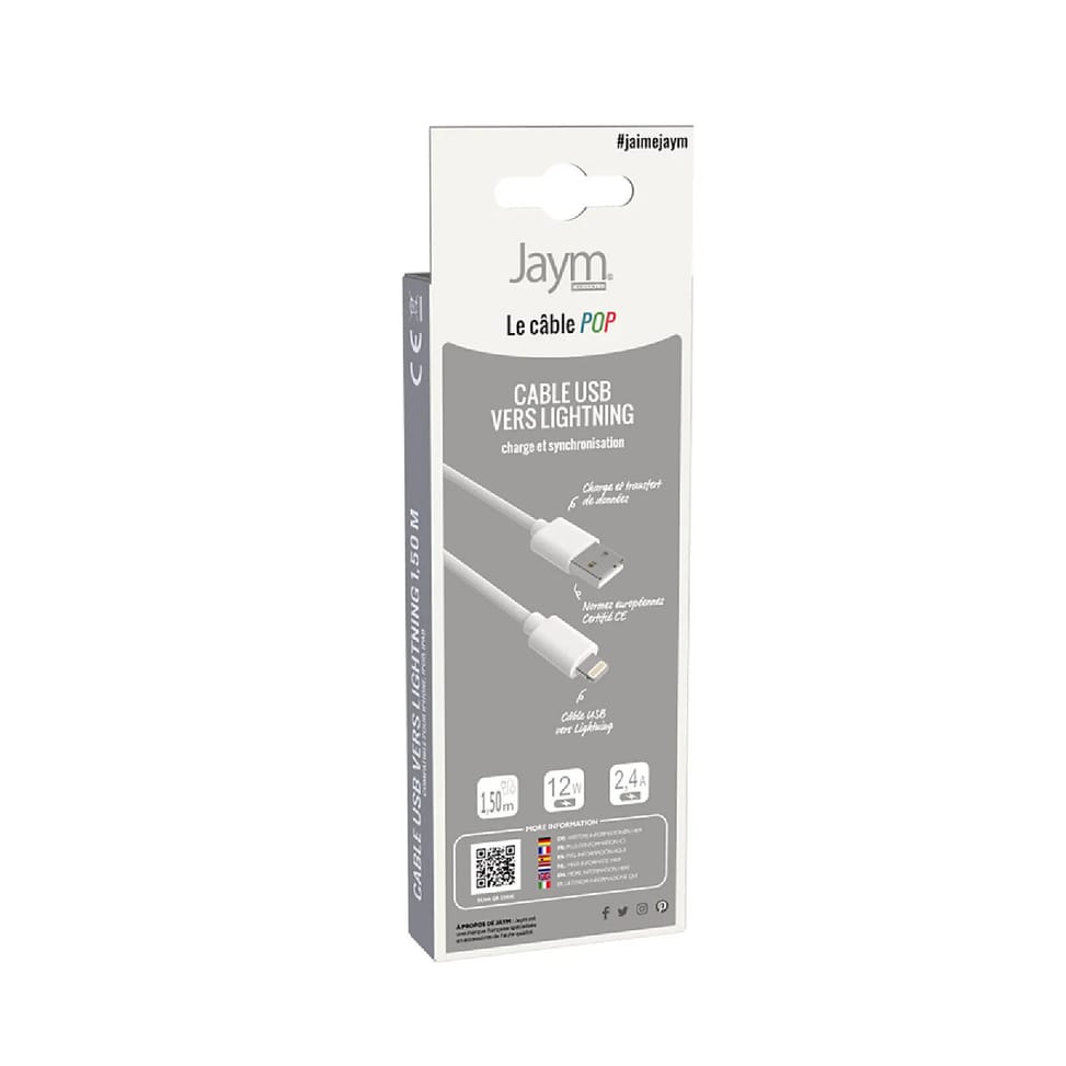 Jaym Câble Lightning vers USB-A 2,4A Charge et Synchronisation Collection POP 1,5m Blanc — image 4