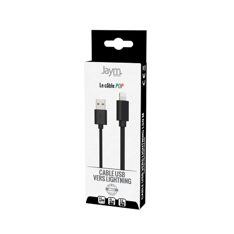 Jaym Câble Lightning vers USB-A 2,4A Charge et Synchronisation Collection POP 1,5m Noir — image 4