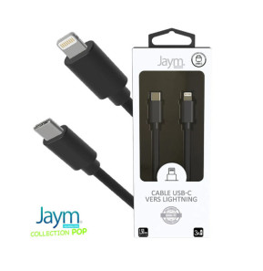 Jaym Câble Lightning vers USB-C PD 3A Charge et Synchronisation Collection POP 1,5m Noir