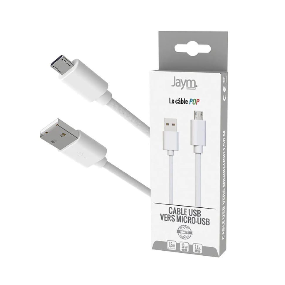 Jaym Câble Micro-USB vers USB-A 2,4A Charge et Synchronisation Collection POP 1,5m Blanc — image 3