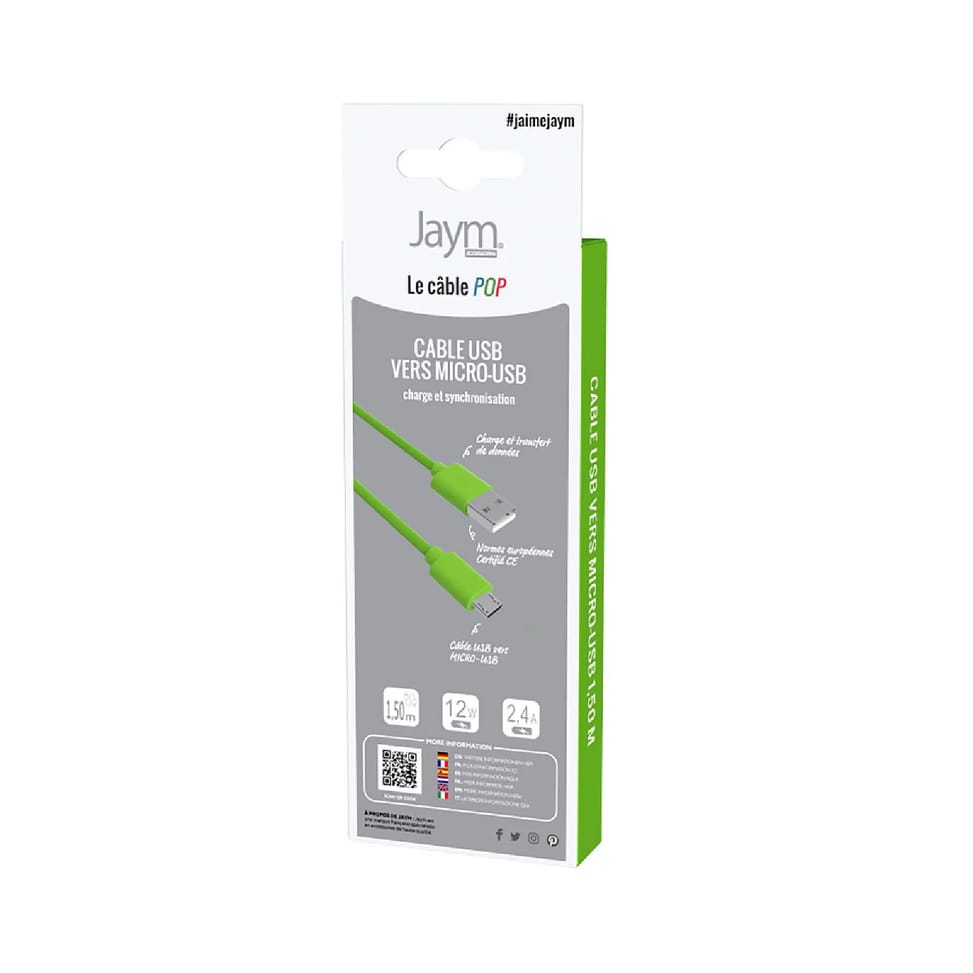 Jaym Câble Micro-USB vers USB-A 2,4A Charge et Synchronisation Collection POP 1,5m Vert — image 4