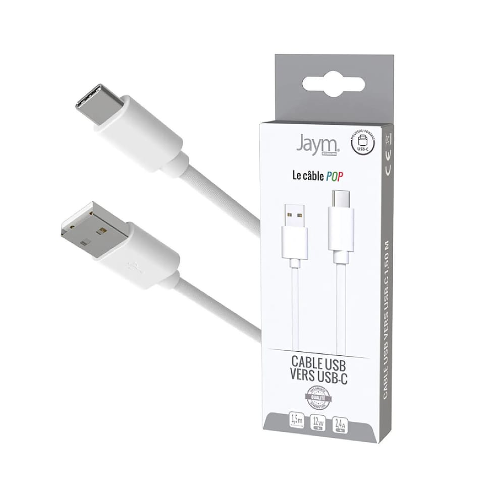 Jaym Câble USB-C vers USB-A 3A Charge et Synchronisation Collection POP 1,5m Blanc — image 2