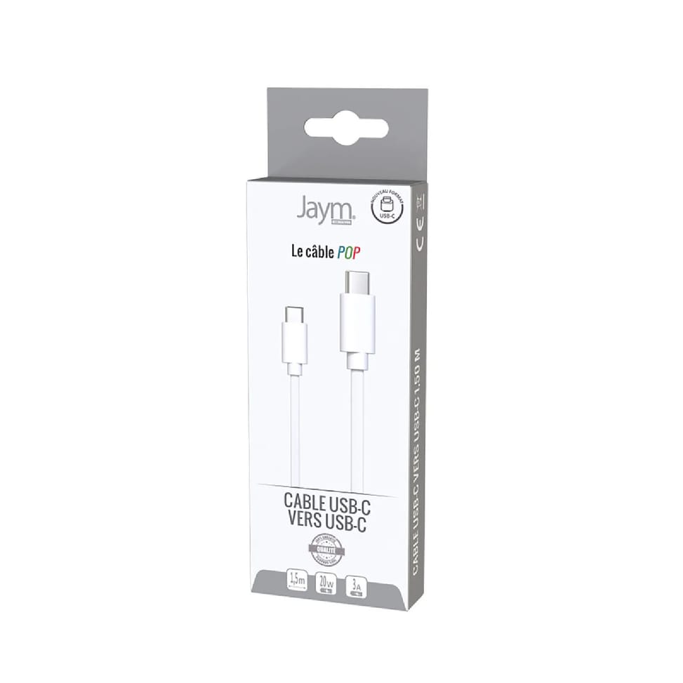 Jaym Câble USB-C vers USB-C 3A PD 20W Charge et Synchronisation Collection POP 1,5m Blanc — image 4