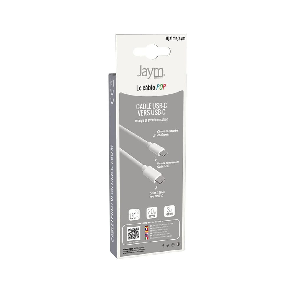 Jaym Câble USB-C vers USB-C 3A PD 20W Charge et Synchronisation Collection POP 1,5m Blanc — image 5