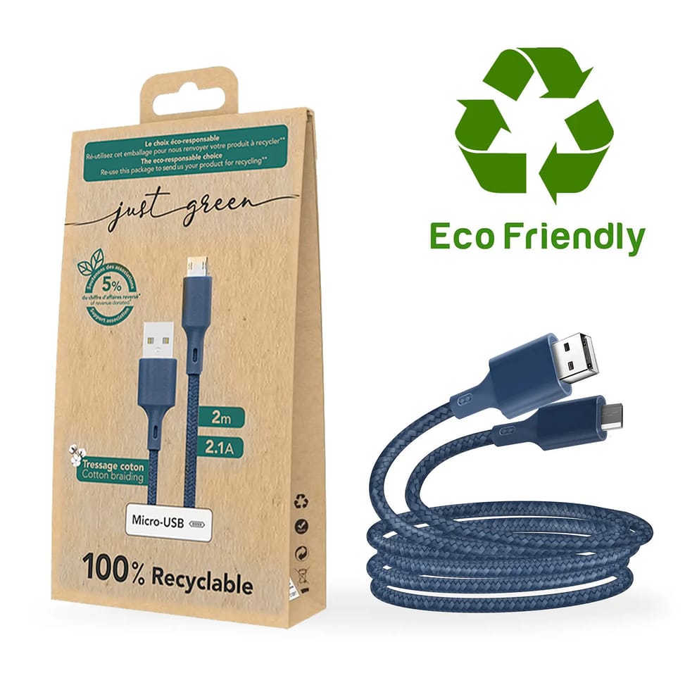 Just Green Câble Écologique USB vers Micro-USB Intensité 2.1A 2m Recyclable bleu roi — image 3