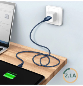 Just Green Câble Écologique USB vers Micro-USB Intensité 2.1A 2m Recyclable bleu roi