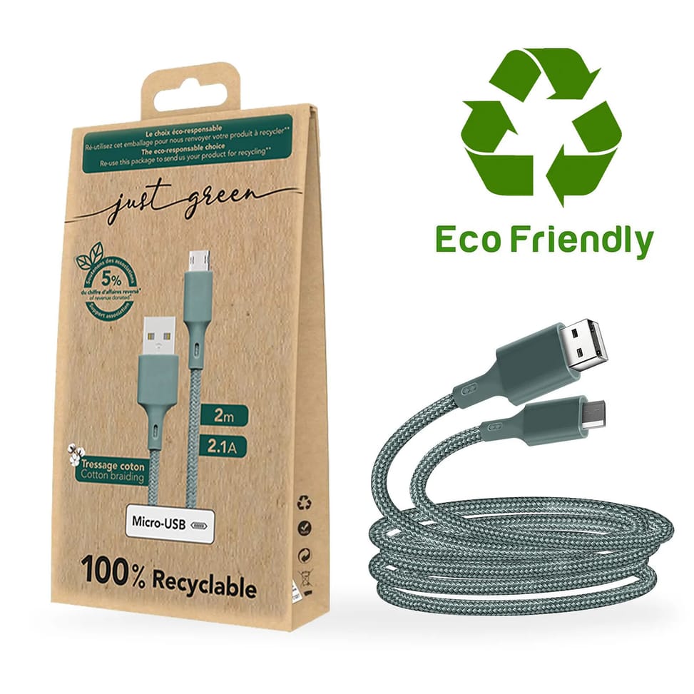 Just Green Câble Écologique USB vers Micro-USB Intensité 2.1A 2m Recyclable vert — image 3