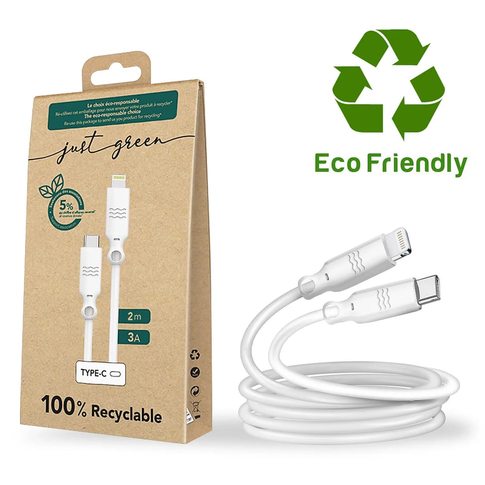 Just Green Câble Écologique USB-C vers Lightning Intensité 3A 2m Recyclable blanc — image 3