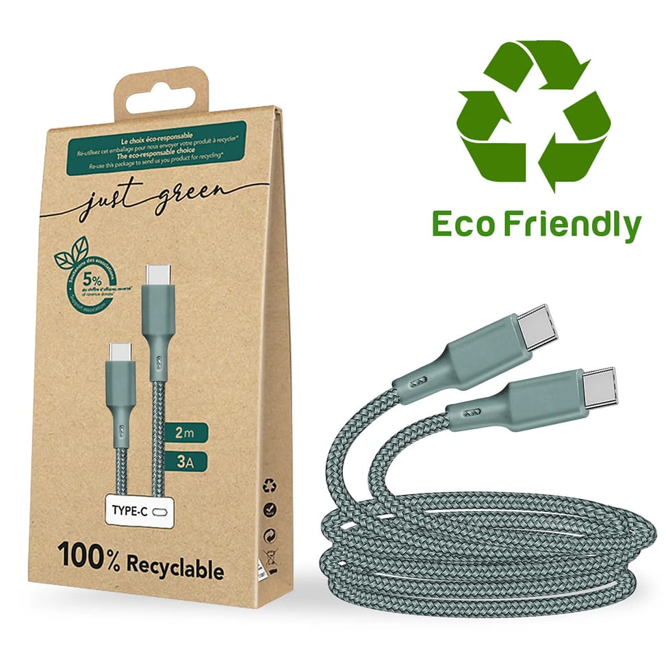 Just Green Câble Écologique USB-C vers USB-C Intensité 3A 2m Recyclable vert — image 3