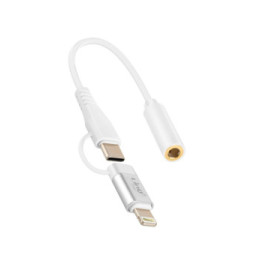 LinQ Adaptateur Audio Jack 3.5mm Femelle vers Lightning et USB C Mâle Blanc