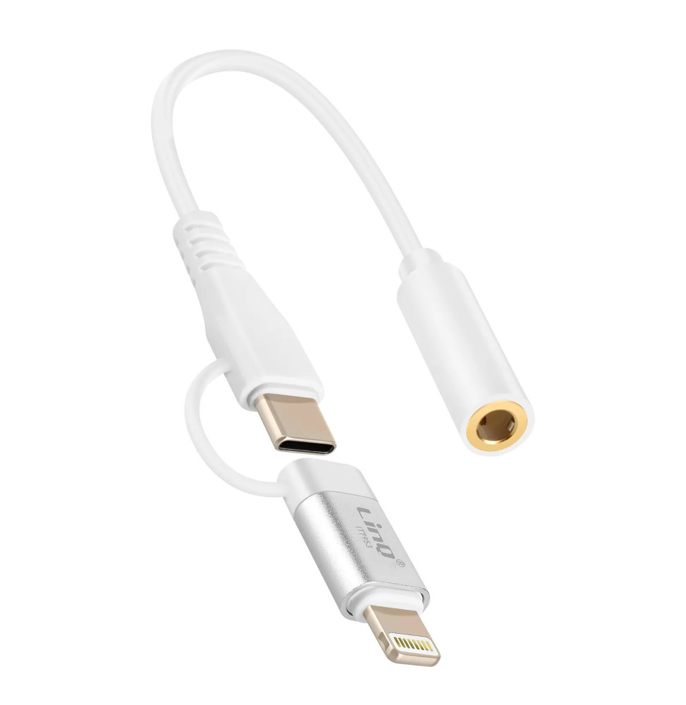 LinQ Adaptateur Audio Jack 3.5mm Femelle vers Lightning et USB C Mâle Blanc