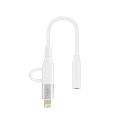 LinQ Adaptateur Audio Jack 3.5mm Femelle vers Lightning et USB C Mâle Blanc