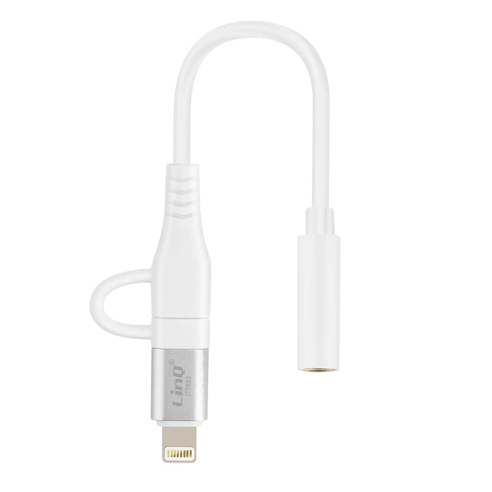 LinQ Adaptateur Audio Jack 3.5mm Femelle vers Lightning et USB C Mâle Blanc — image 2