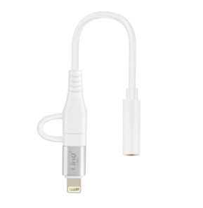 LinQ Adaptateur Audio Jack 3.5mm Femelle vers Lightning et USB C Mâle Blanc