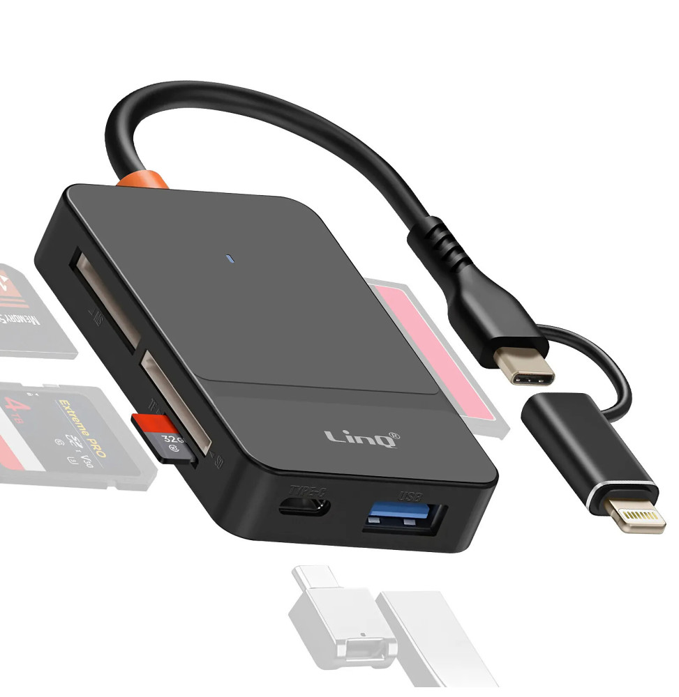 LinQ Hub USB C + Lightning Multiport Lecteur Carte OTG Polyvalent Noir