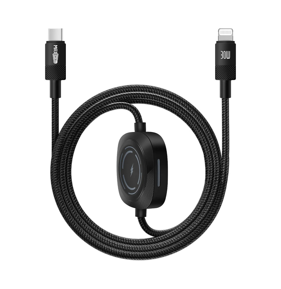 Max excell Câble USB-C vers Lightning 30W et Apple Watch Nylon Tressé 1m Noir