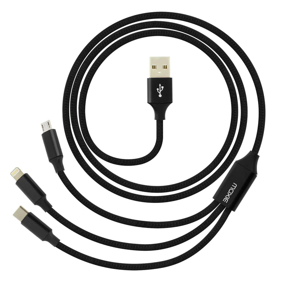 Moxie Câble 3 en 1 Lightning USB type C Micro USB Multi-embouts Charge 3A Noir