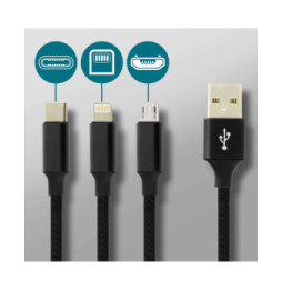 Moxie Câble 3 en 1 Lightning USB type C Micro USB Multi-embouts Charge 3A Noir
