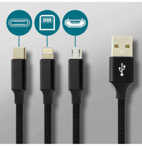 Moxie Câble 3 en 1 Lightning USB type C Micro USB Multi-embouts Charge 3A Noir