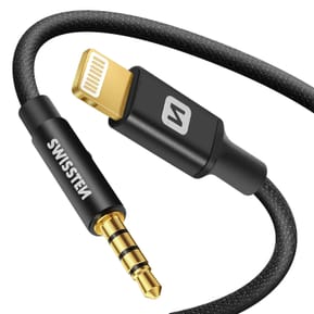 Swissten Câble Jack 3.5mm pour iPhone / iPad, Adaptateur Audio Noir 1,5m